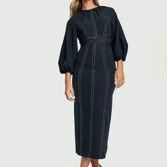 ASOS | Dresses | Belted Contrast Stitch Puff Sleeve Midi Dress | Poshmark